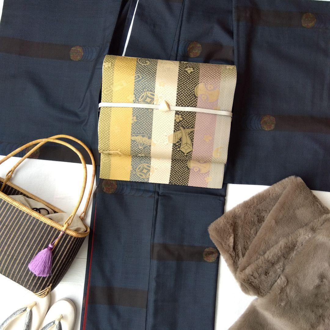 ◆美品◆袋帯 粋縞 宝尽し モダン 全通柄 正絹 小紋 紬 観劇 ランチ女子会