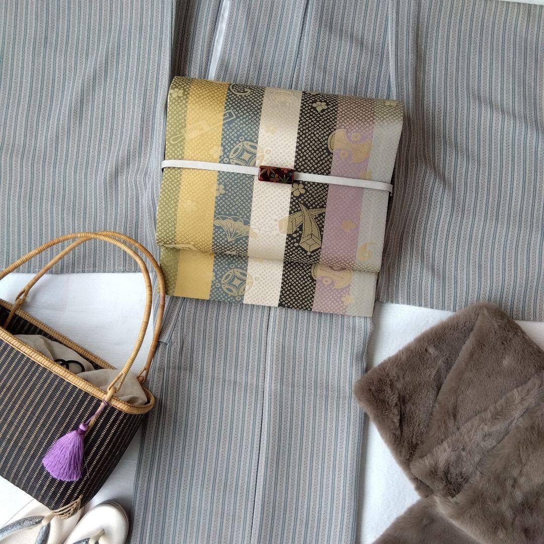 ◆美品◆袋帯 粋縞 宝尽し モダン 全通柄 正絹 小紋 紬 観劇 ランチ女子会