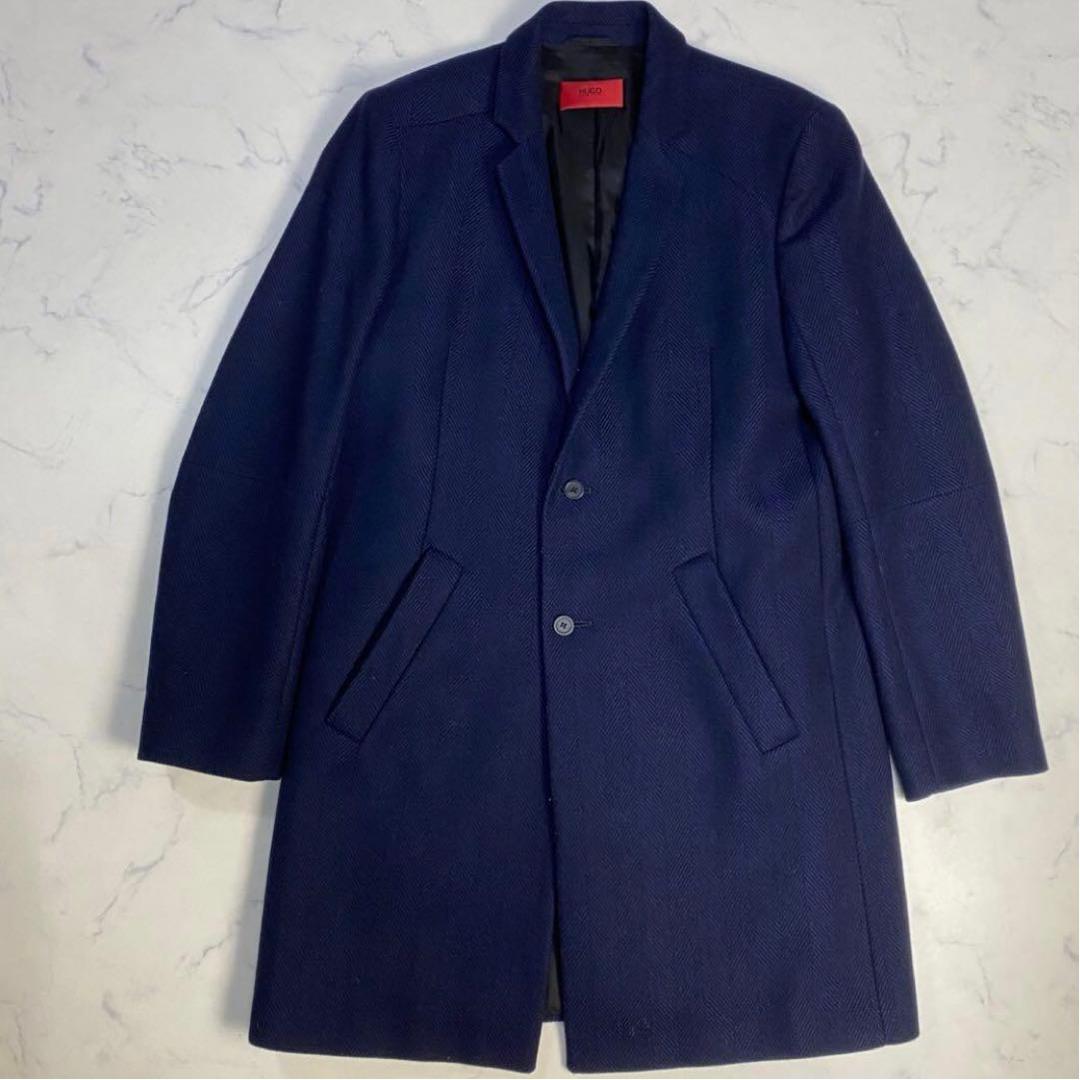 ❤️ヒューゴボス　チェスターコートL相当ヘリンボーン上品ネイビー定価約11万暖かい