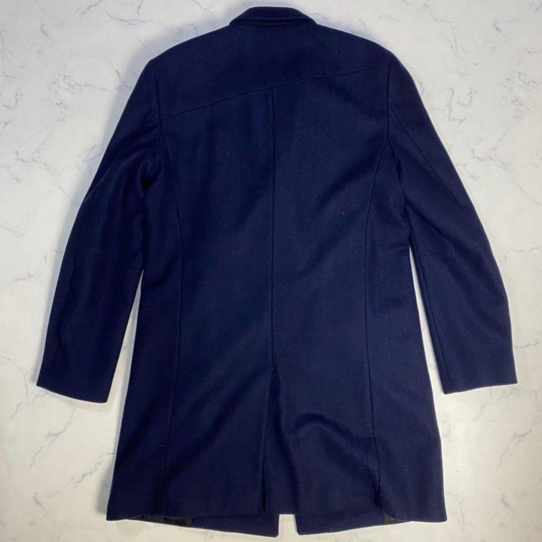 ❤️ヒューゴボス　チェスターコートL相当ヘリンボーン上品ネイビー定価約11万暖かい
