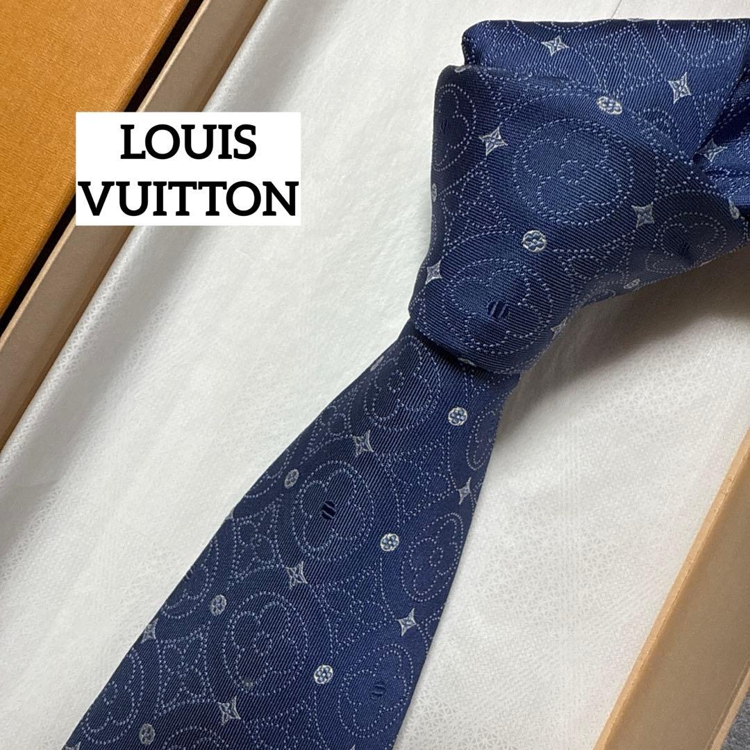 ルイ・ヴィトン　ネクタイ　青紺　モノグラム　シルクジャガード