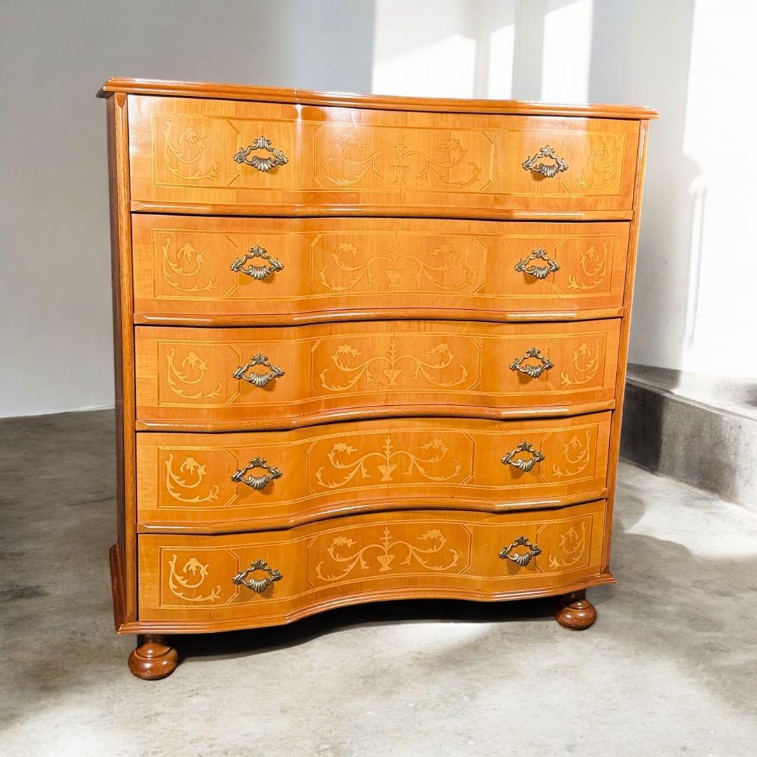 HR829 【曲線シャビー】イタリア 5段チェスト 丸脚 象嵌細工