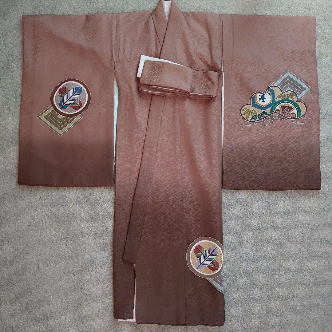 【美品】正絹 日本製 京都一秀 産着 長襦袢付 男児　光悦茶　袴付　高級