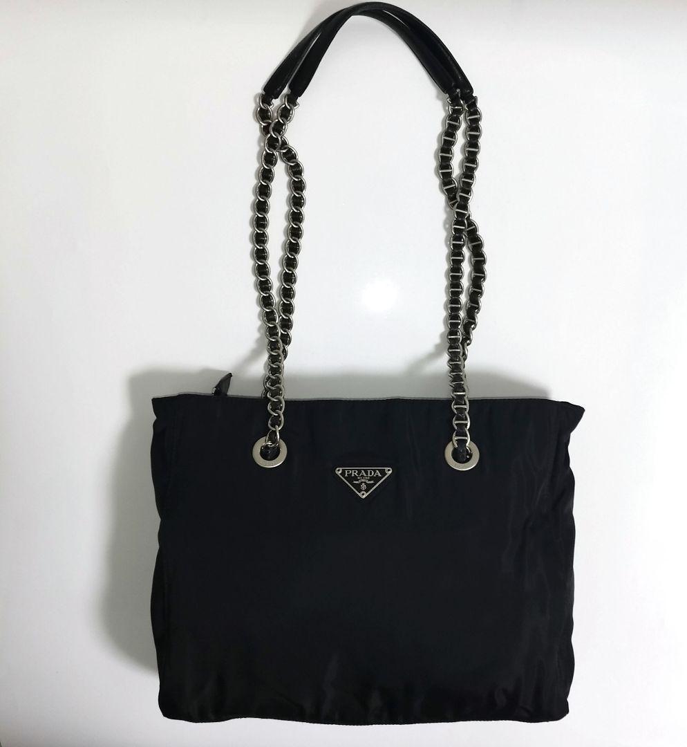 美品☆　プラダ　シルバーチェーン　ショルダーバッグ　ナイロン　三角ロゴプレート