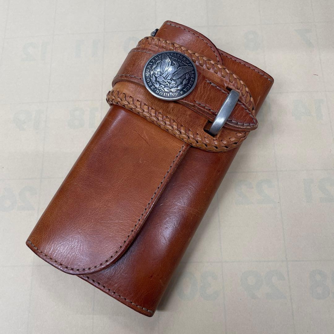 ALZUNI レザー三つ折り財布 ブラウン 編み込みデザイン