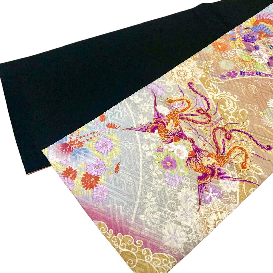 【袋帯】向鳳凰模様 　菊　花　モダン　正絹 成人式　美品　現代　洒落袋帯　紗綾型