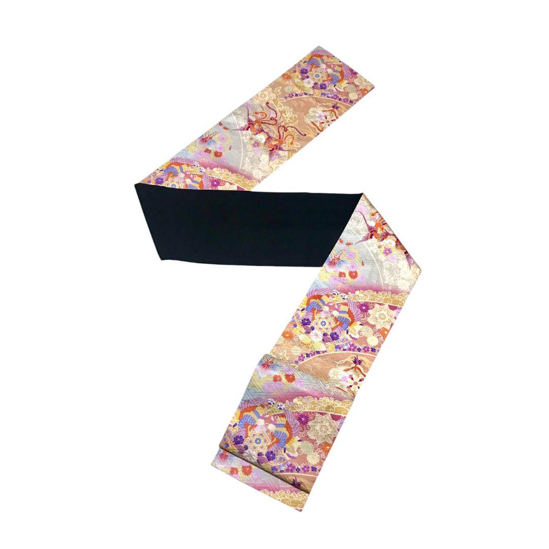 【袋帯】向鳳凰模様 　菊　花　モダン　正絹 成人式　美品　現代　洒落袋帯　紗綾型