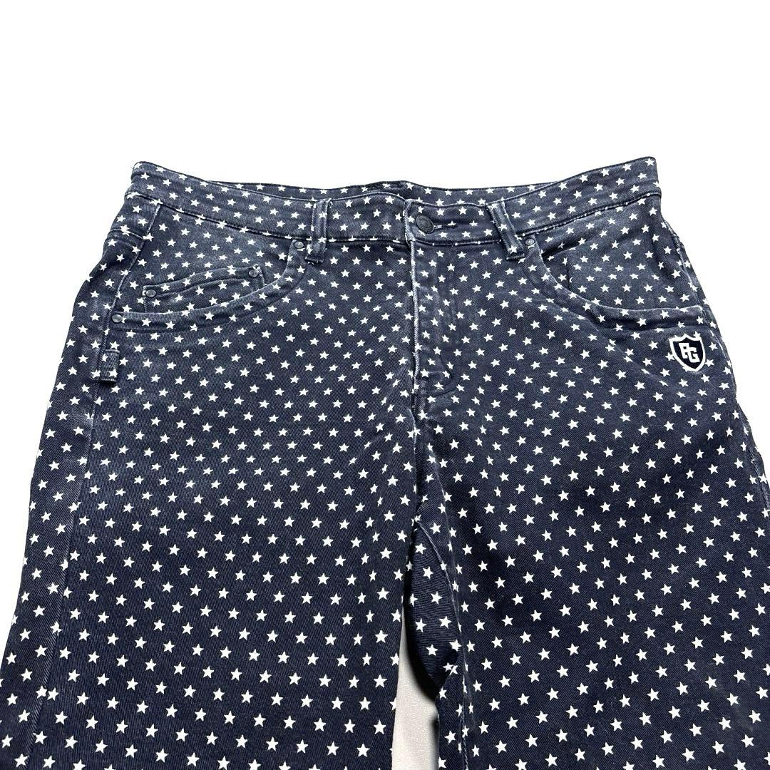 パーリーゲイツ ロングパンツ　5/L 総柄 スター 星　ヴィンテージ加工 紺