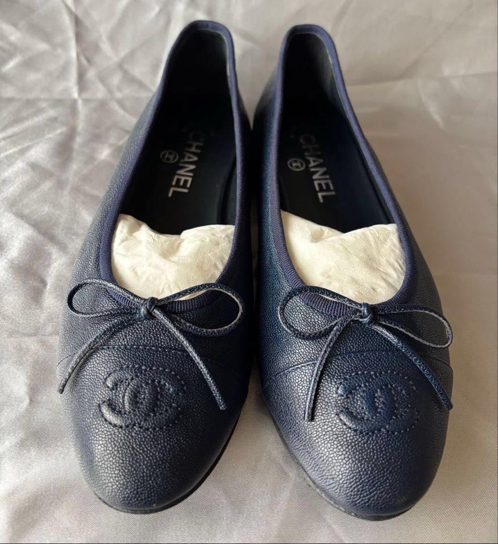 CHANEL シャネル ココマーク リボン バレエシューズ ネイビー