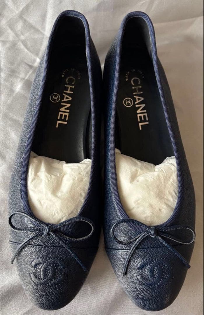 CHANEL シャネル ココマーク リボン バレエシューズ ネイビー