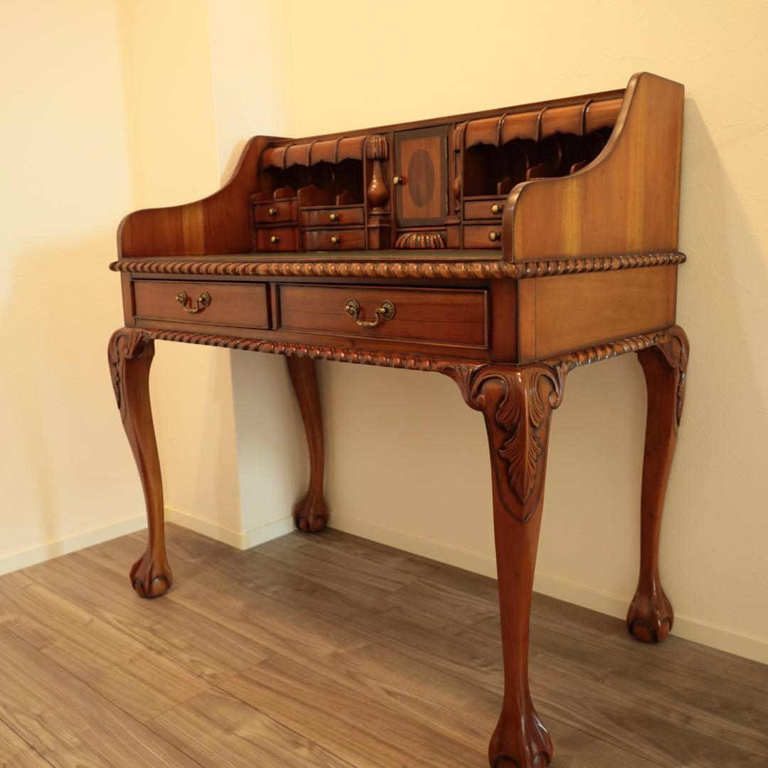 高級マホガニー家具 チッペンデール アンティークデスク 猫脚 書斎机 送料無料