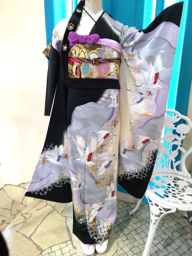 振袖フルセット、正絹古典柄成人式、重ね衿帯揚げ帯締め、西陣袋帯襦袢