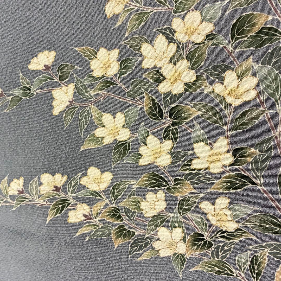 D81 訪問着 桜 手描き グレー ちりめん 縫い紋 正絹 着物 袷 極美品