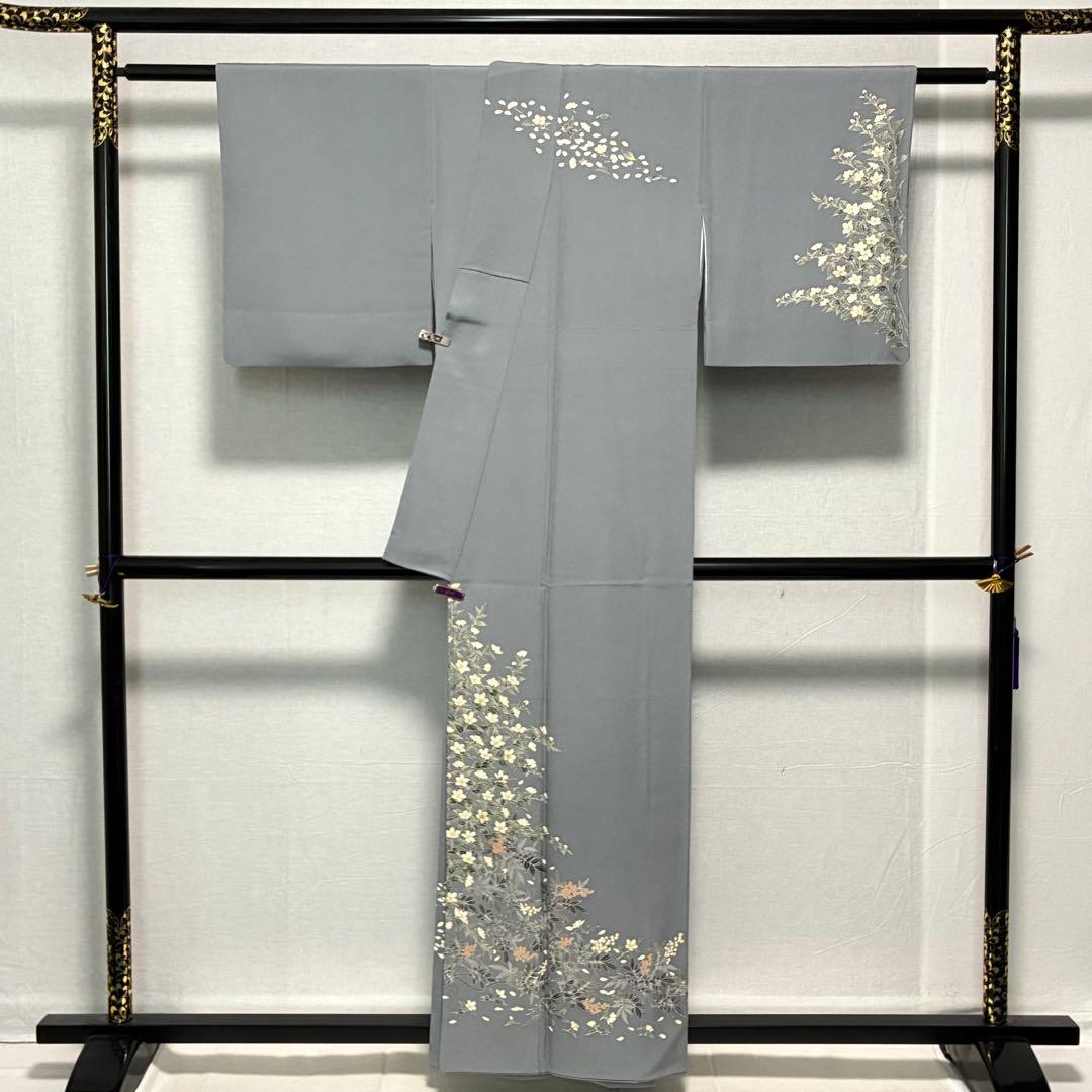 D81 訪問着 桜 手描き グレー ちりめん 縫い紋 正絹 着物 袷 極美品