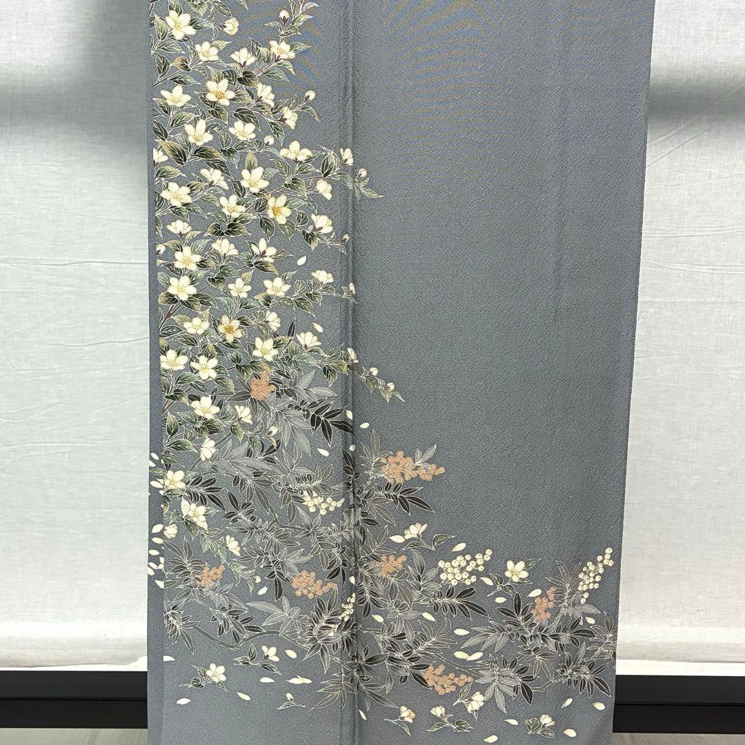 D81 訪問着 桜 手描き グレー ちりめん 縫い紋 正絹 着物 袷 極美品