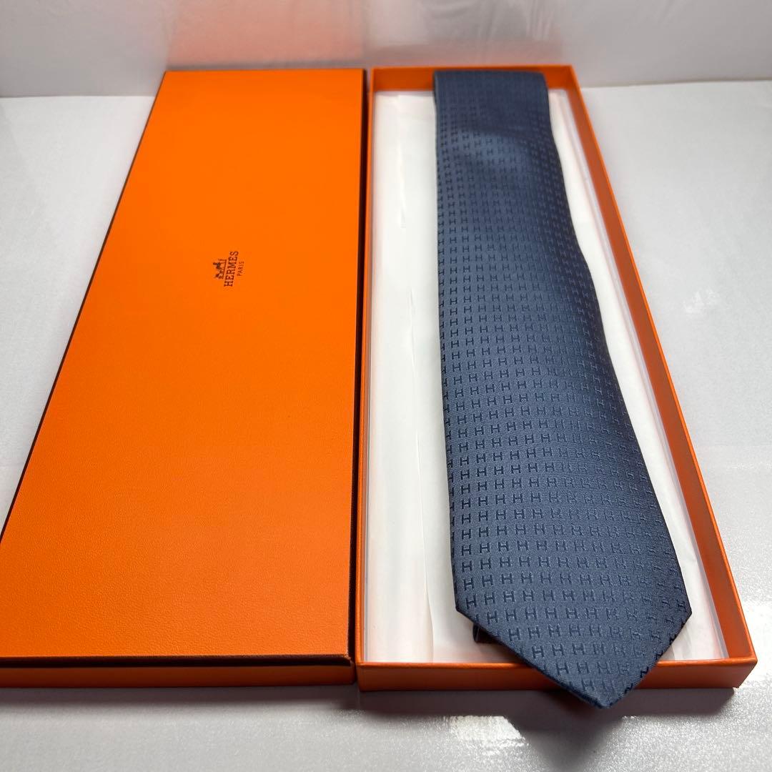 HERMES エルメス 美品 ネクタイ ファソネ H柄 H織 人気 ダークグレー