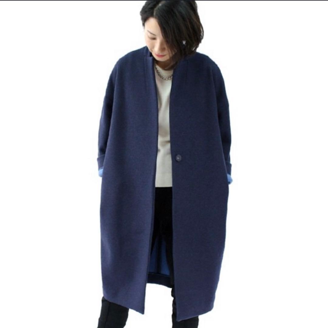 日本製【yori】チェスターコート　ネイビー　ロングコート　F