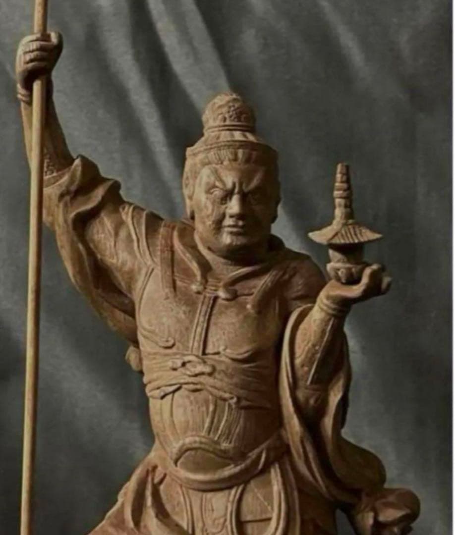 仏教工芸品　総楠製　井波彫刻　極上彫　木彫仏像　毘沙門天立像