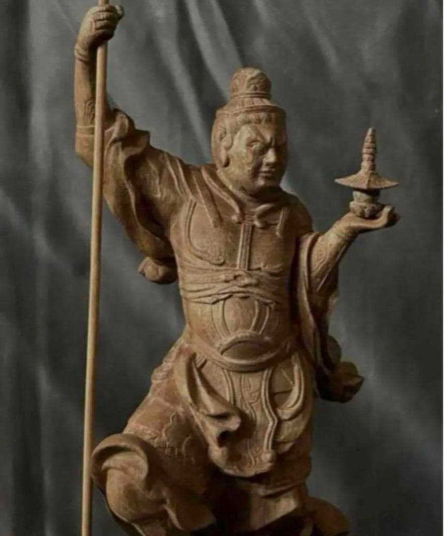 仏教工芸品　総楠製　井波彫刻　極上彫　木彫仏像　毘沙門天立像