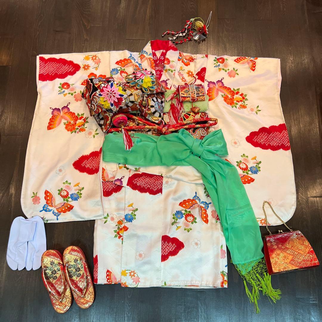 アンティーク 大正ロマン 七五三 七歳 着物 作り帯 小物一式 フルセット 白