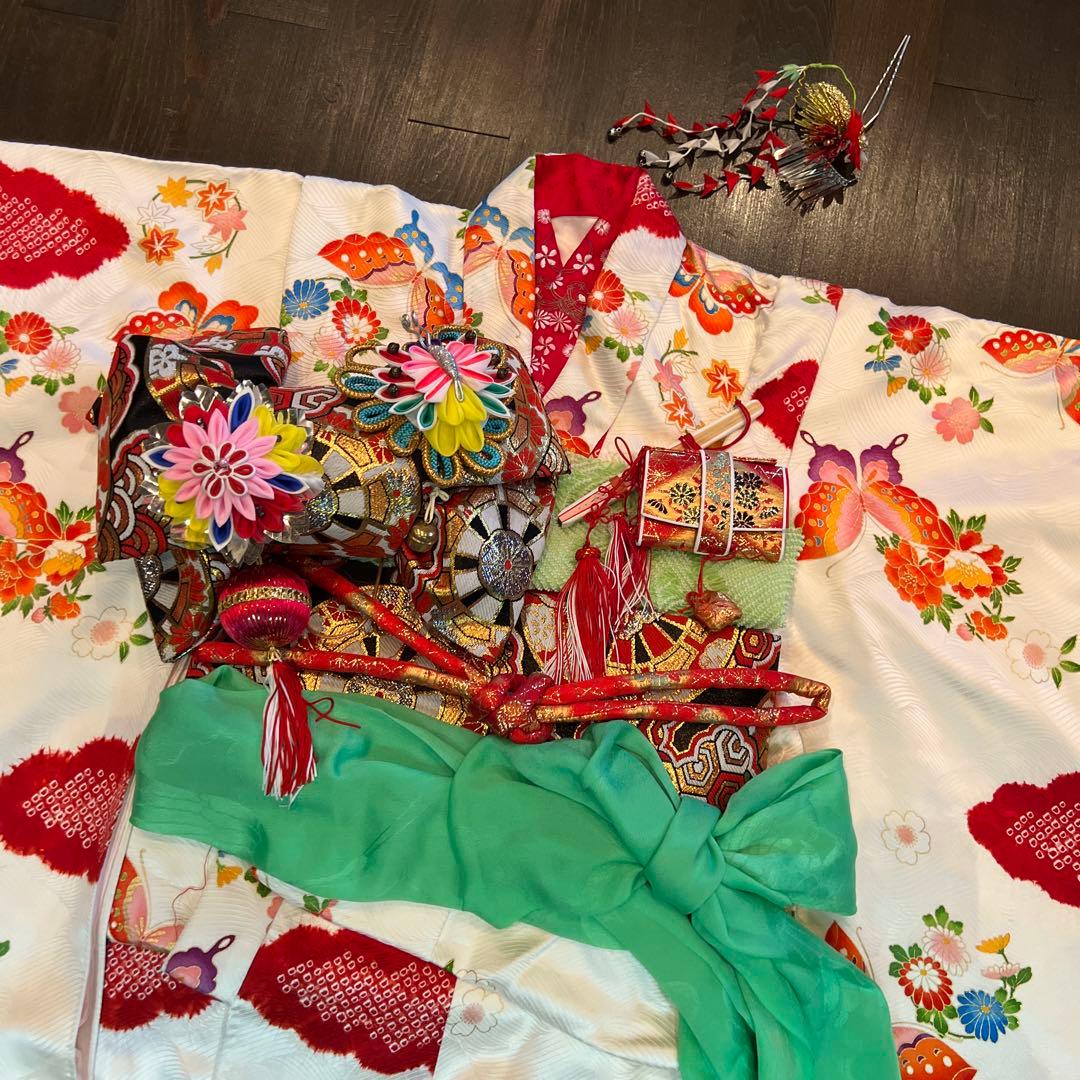 アンティーク 大正ロマン 七五三 七歳 着物 作り帯 小物一式 フルセット 白