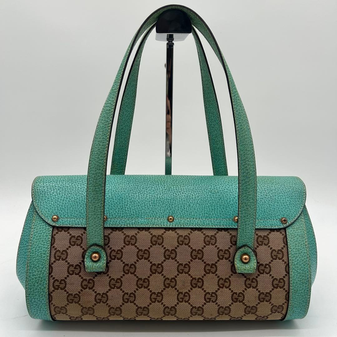 【美品】グッチ バンブー ショルダーバッグ GGキャンバス レザー ターコイズ