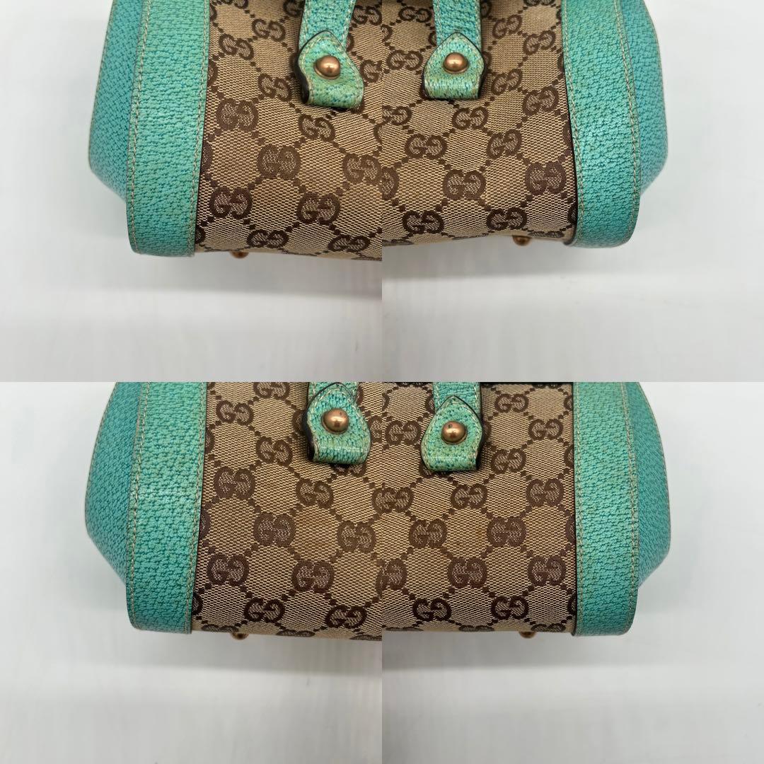 【美品】グッチ バンブー ショルダーバッグ GGキャンバス レザー ターコイズ