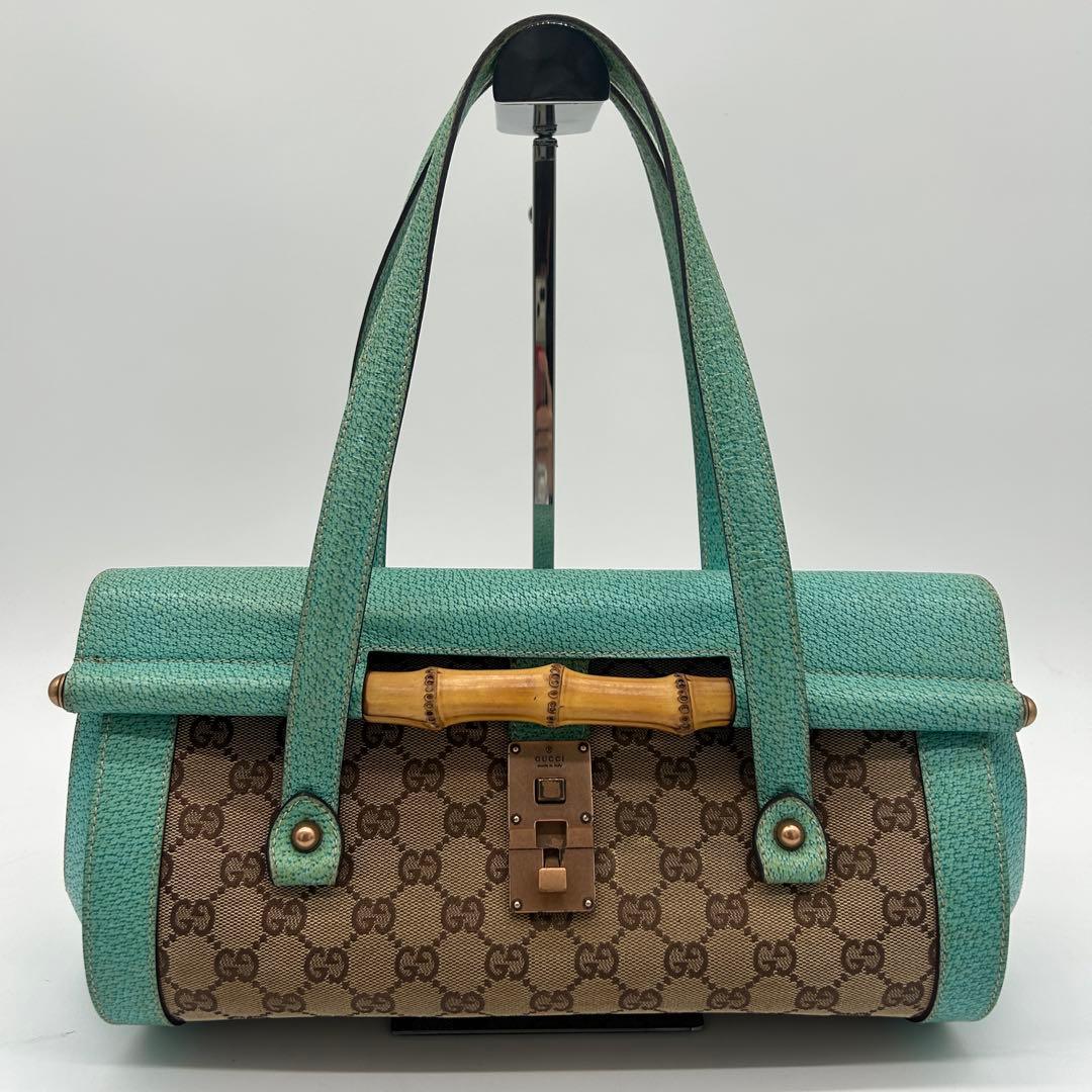 【美品】グッチ バンブー ショルダーバッグ GGキャンバス レザー ターコイズ
