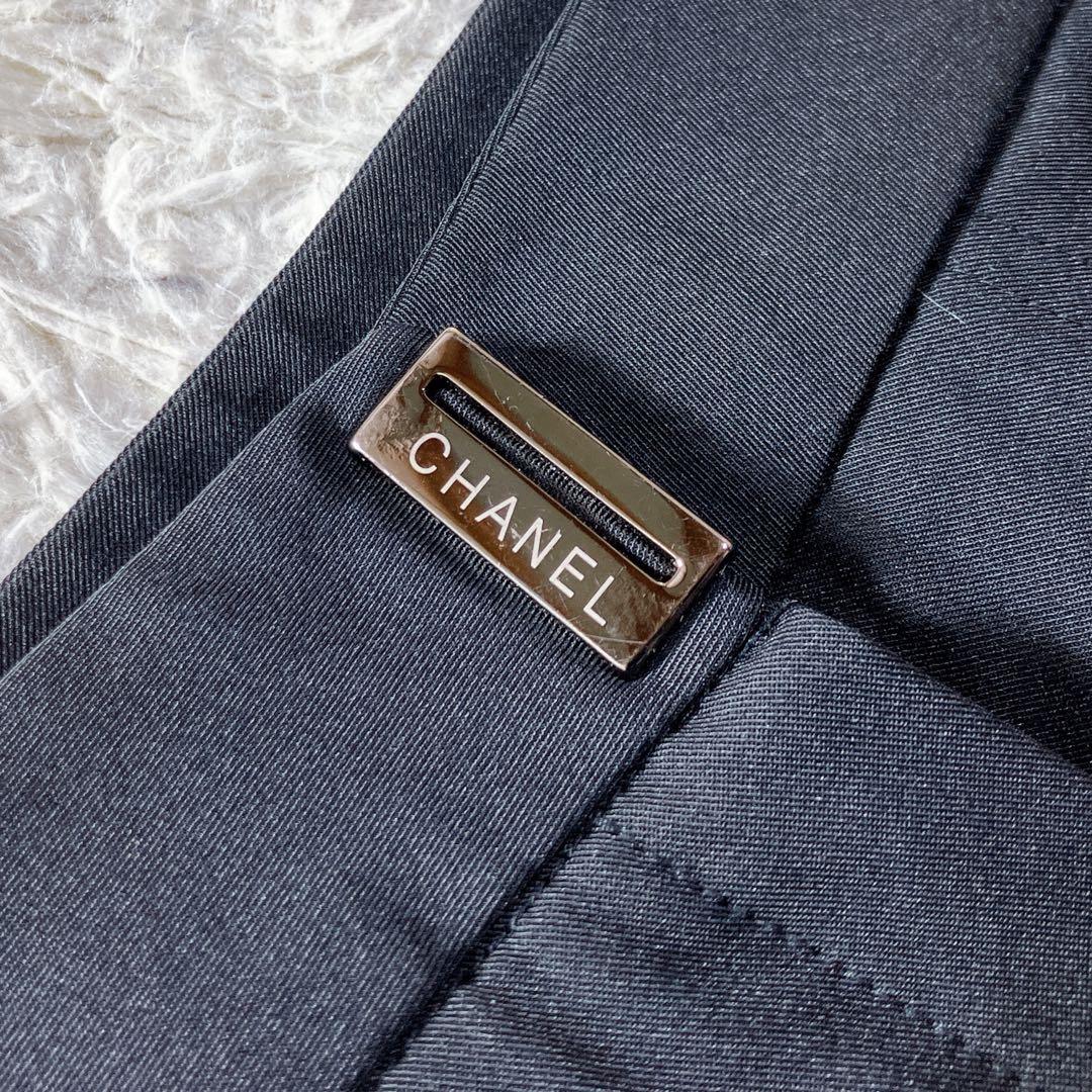 シャネル ストレッチ ロゴ金具 ココ刺繍 美シルエット パンツ ブラック 黒