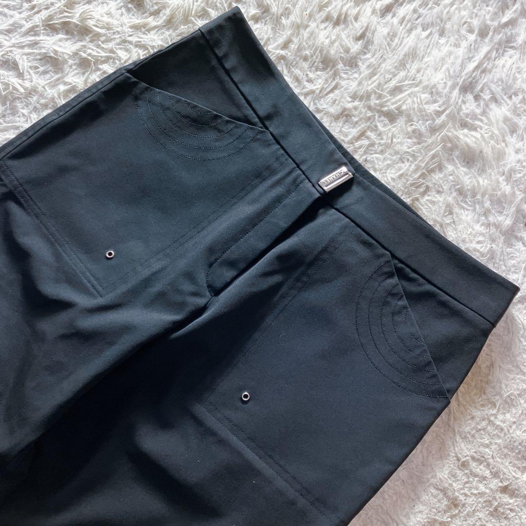 シャネル ストレッチ ロゴ金具 ココ刺繍 美シルエット パンツ ブラック 黒