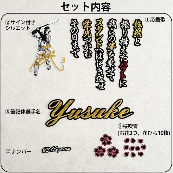 ★阪神タイガース 小幡＆大山 刺繍ワッペン 5点セット 筆記体【黒】