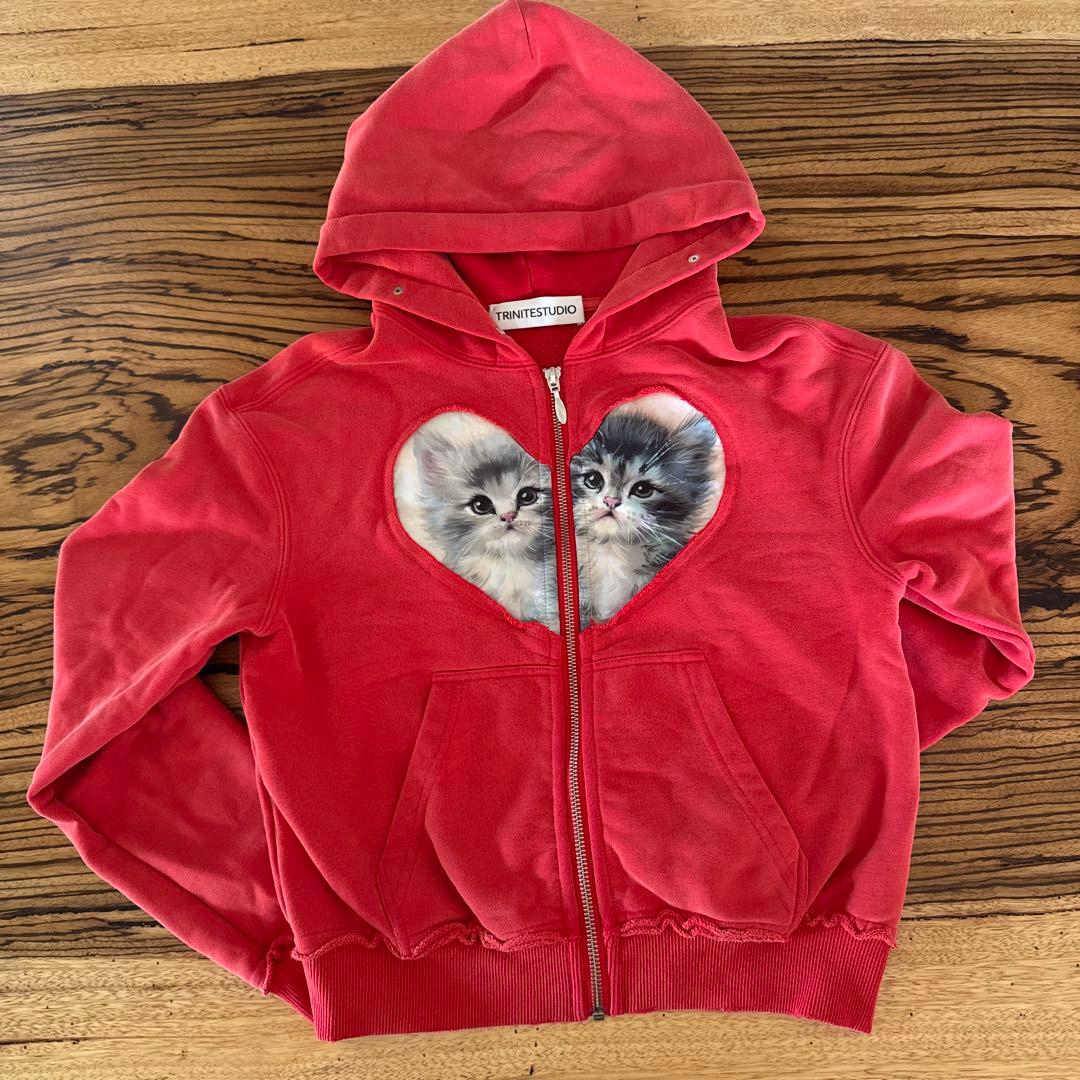Trinite studio hoodieハート型猫プリントジップアップパーカー