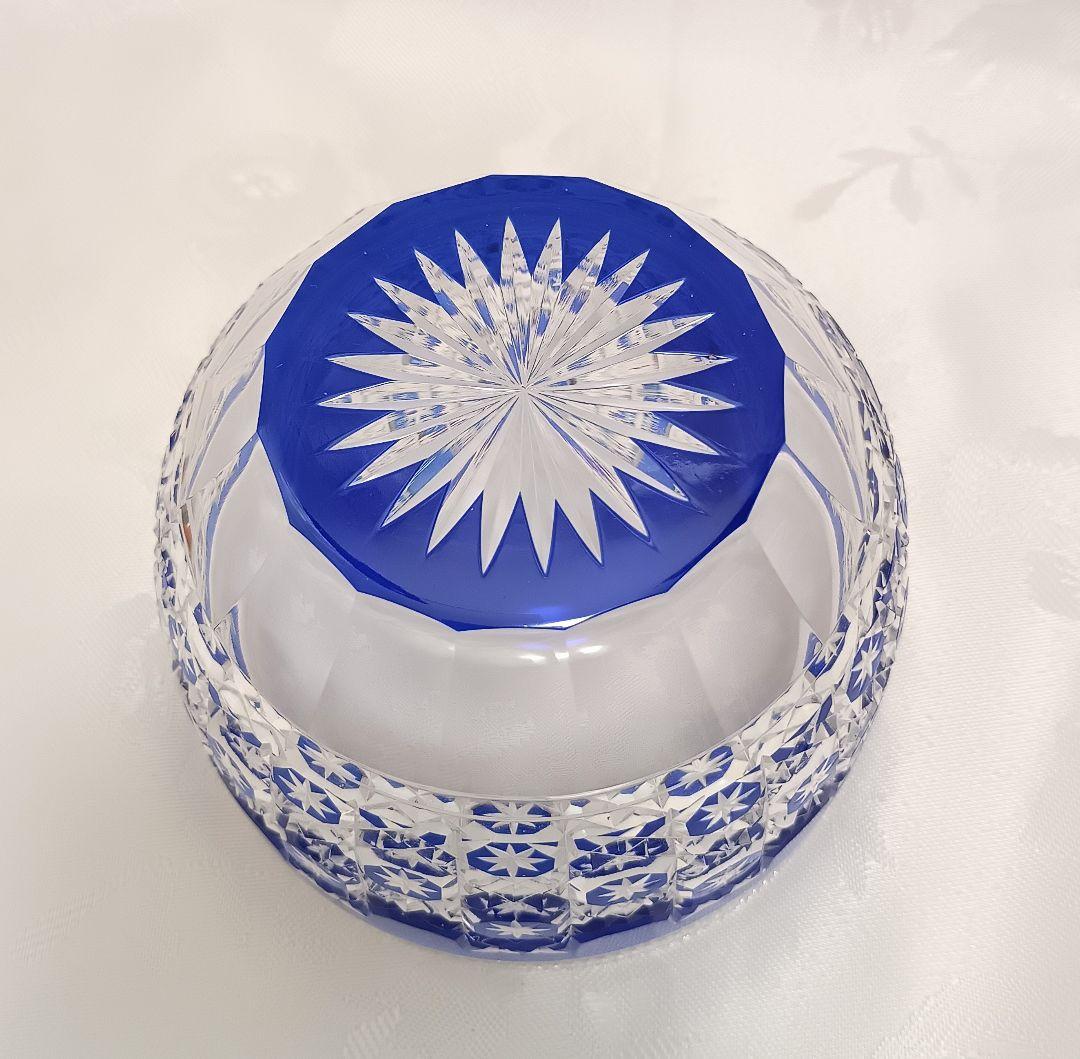 ほぼ未使用 江戸切子 ボウル 青被せガラス 硝子 アンティーク 小付鉢 グラス