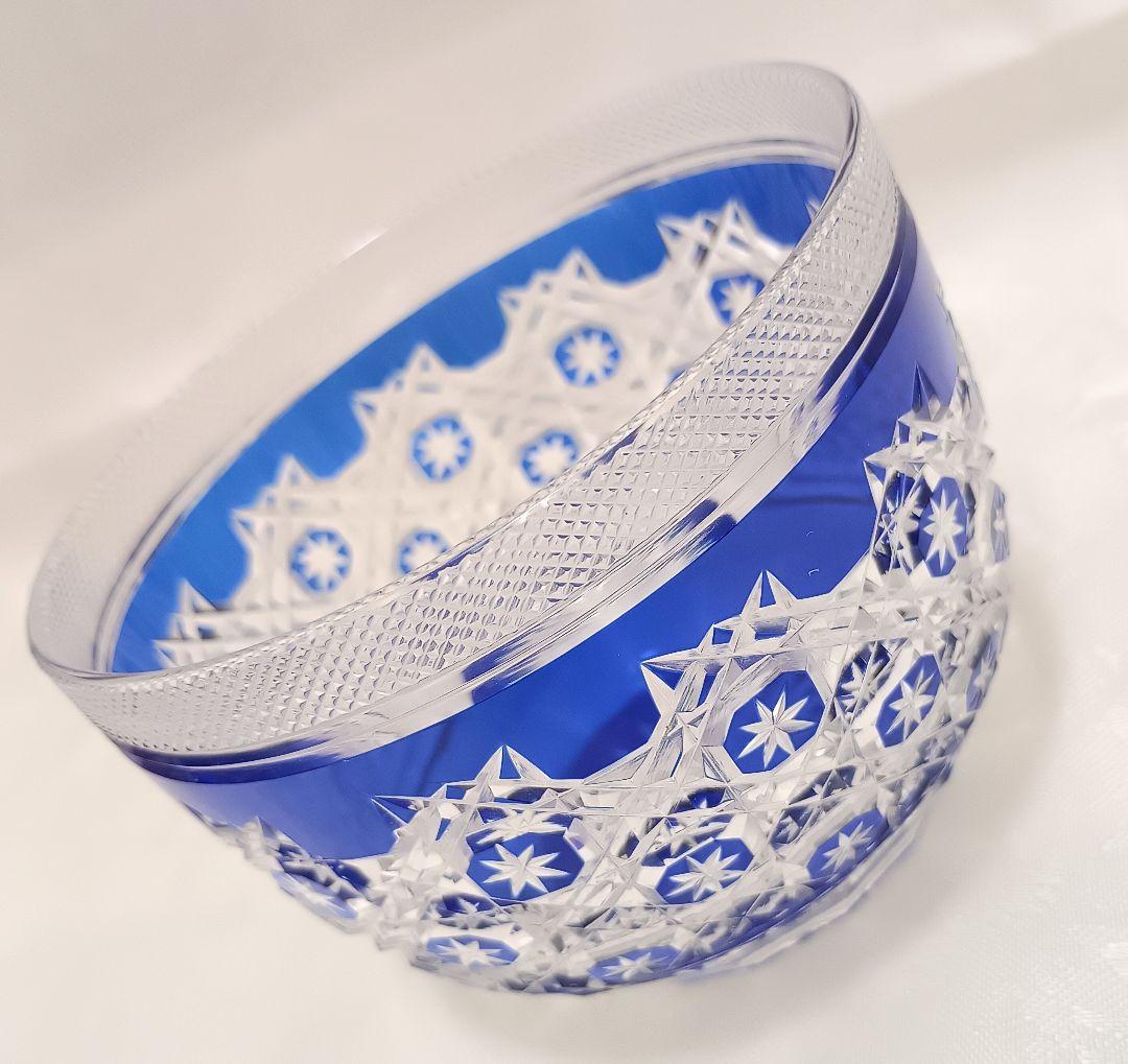 ほぼ未使用 江戸切子 ボウル 青被せガラス 硝子 アンティーク 小付鉢 グラス