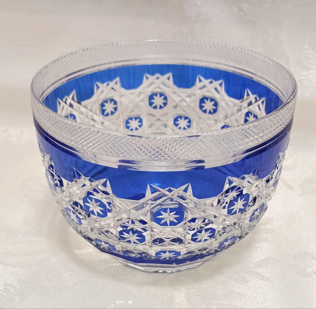 ほぼ未使用 江戸切子 ボウル 青被せガラス 硝子 アンティーク 小付鉢 グラス