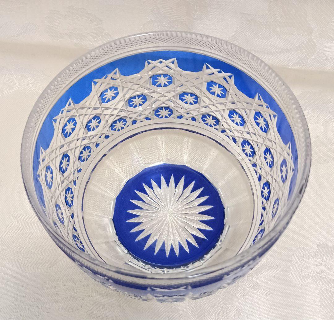 ほぼ未使用 江戸切子 ボウル 青被せガラス 硝子 アンティーク 小付鉢 グラス