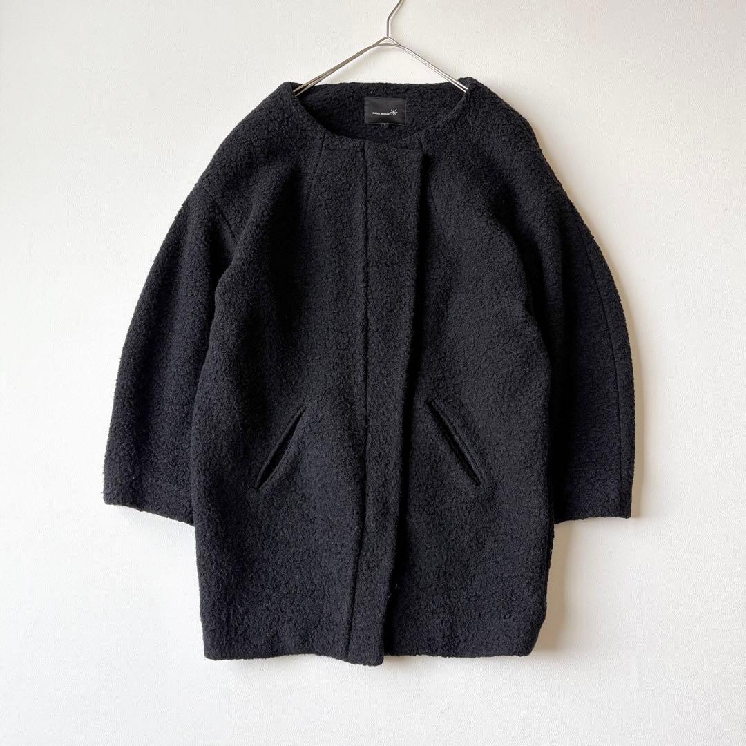 2953y美品　イザベルマラン　ノーカラーボアロングコート　黒