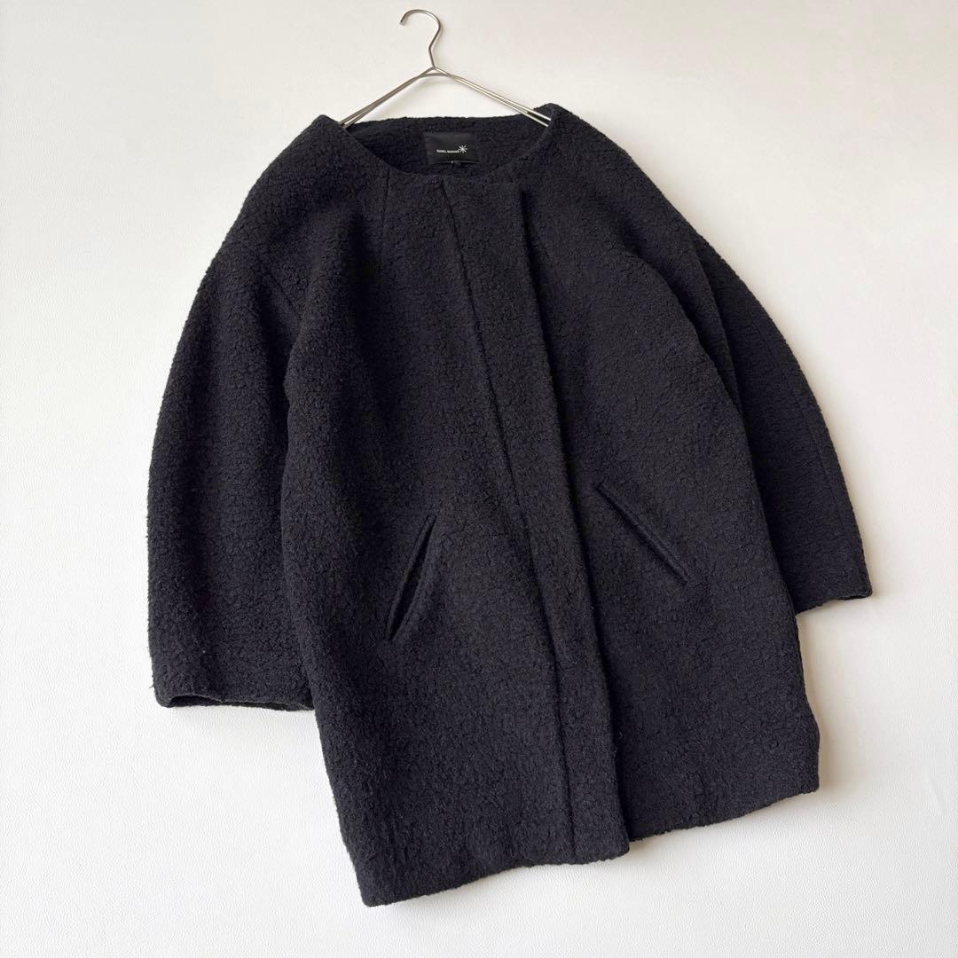 2953y美品　イザベルマラン　ノーカラーボアロングコート　黒