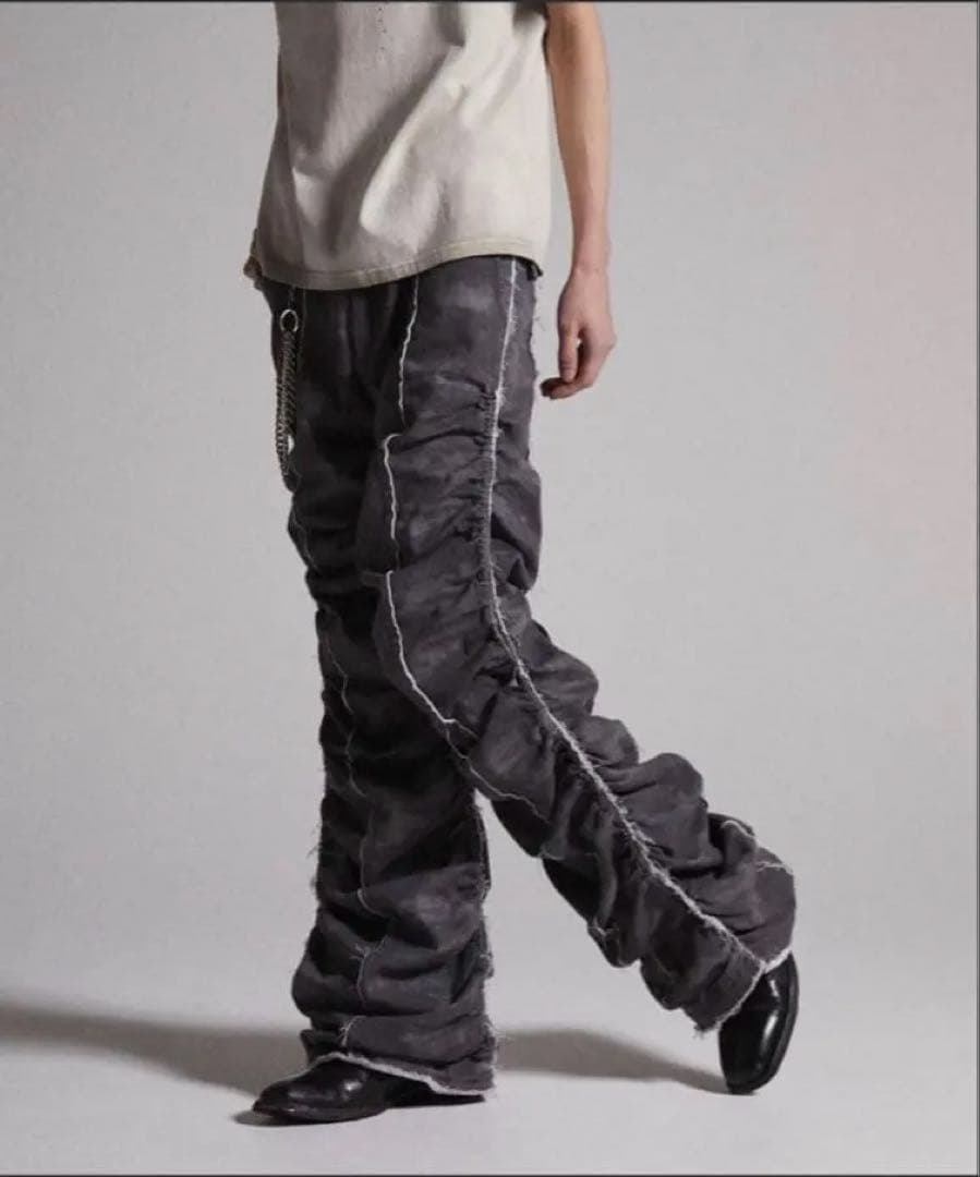 GRANCY シャーリングダメージデザインコットンパンツ　グレー