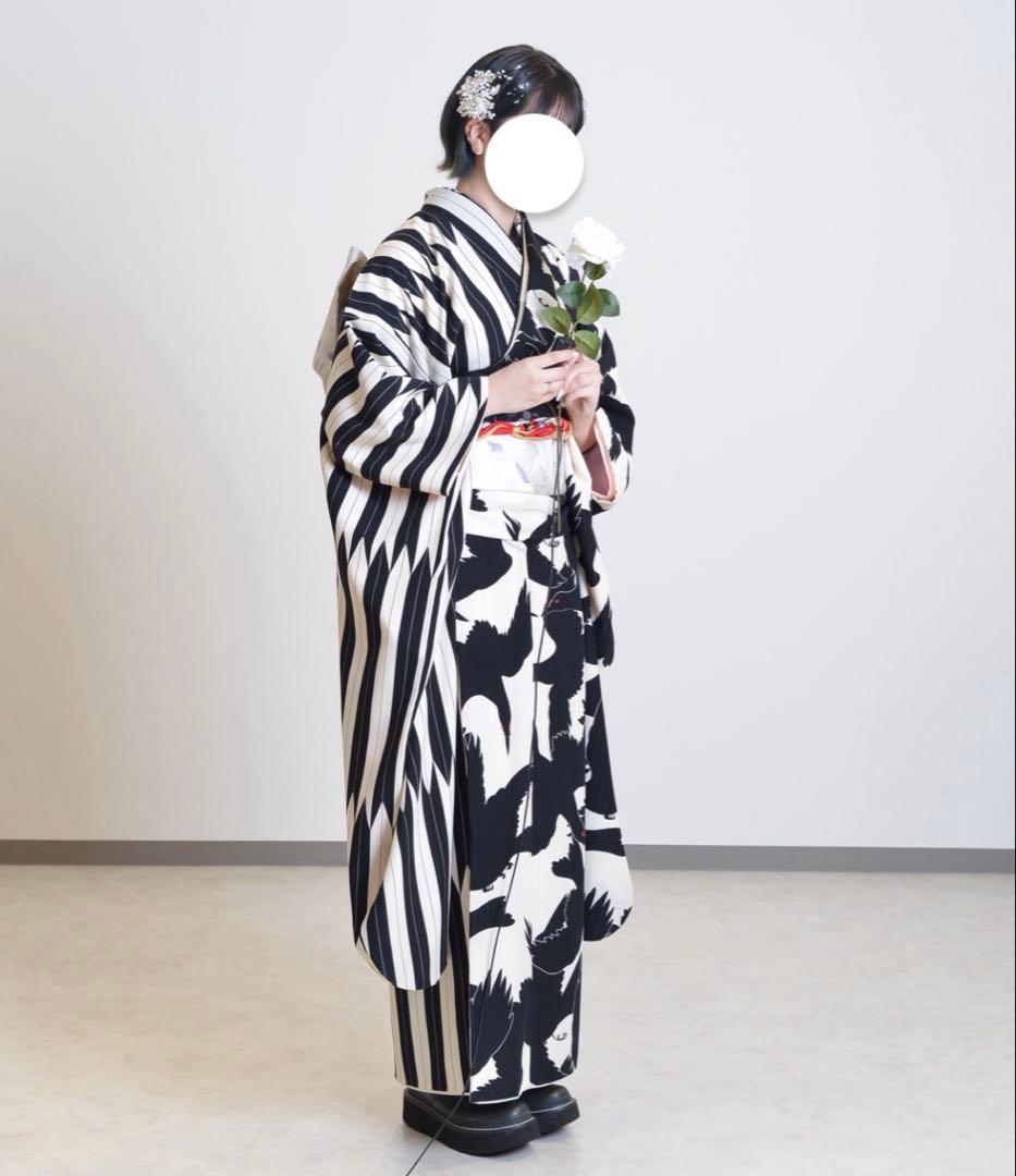 セール中‼️美品‼️成人式 振袖フルセット 白黒 鶴柄 和風