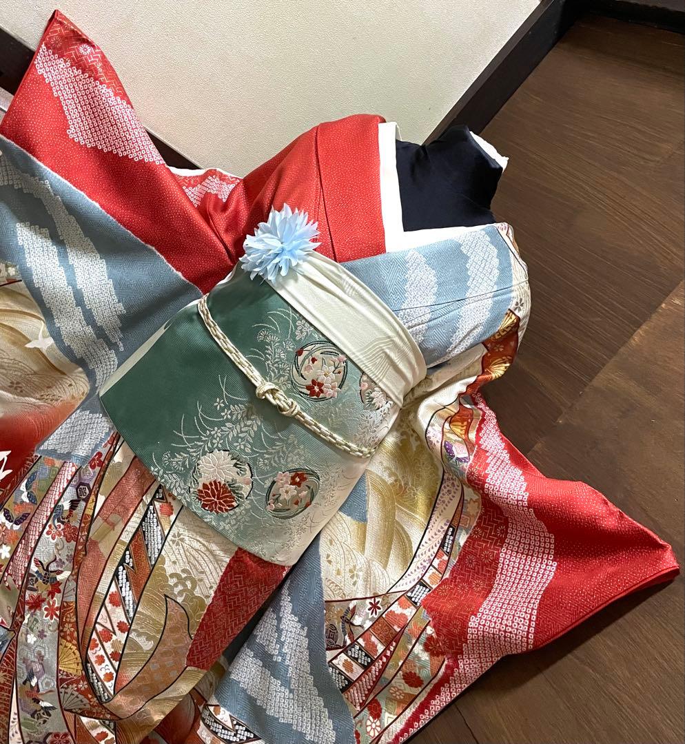 振袖 フルセット6点サイズM〜Ｌ絞り　熨斗吉祥花鳥蝶文　金銀彩　正絹