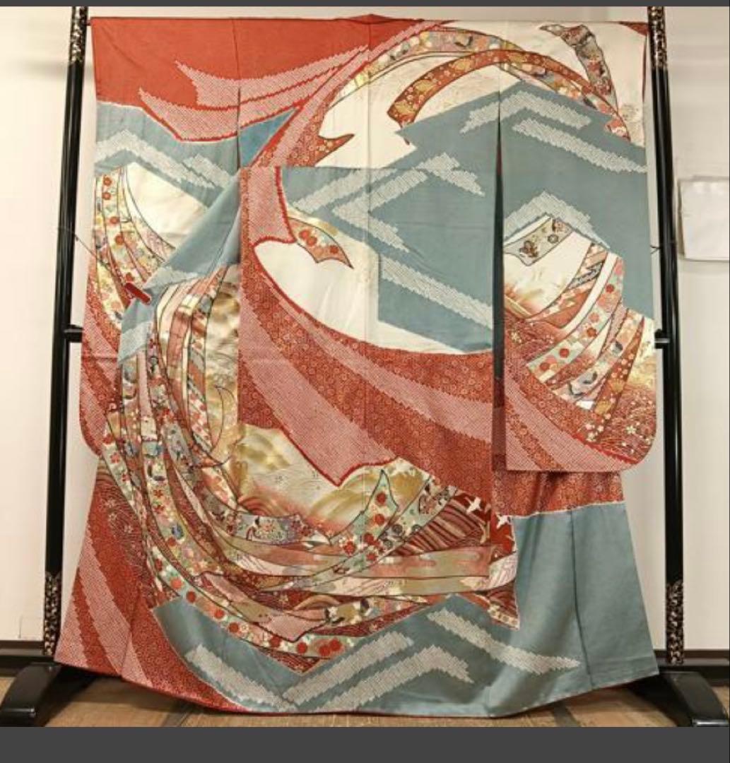 振袖 フルセット6点サイズM〜Ｌ絞り　熨斗吉祥花鳥蝶文　金銀彩　正絹