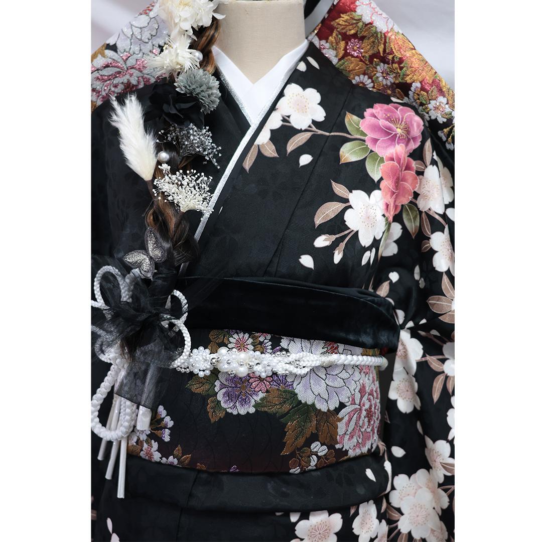 桜柄◆ 振袖セット 丈169.5cm◆フルセット黒ベース帯小物付成人式 28Bs