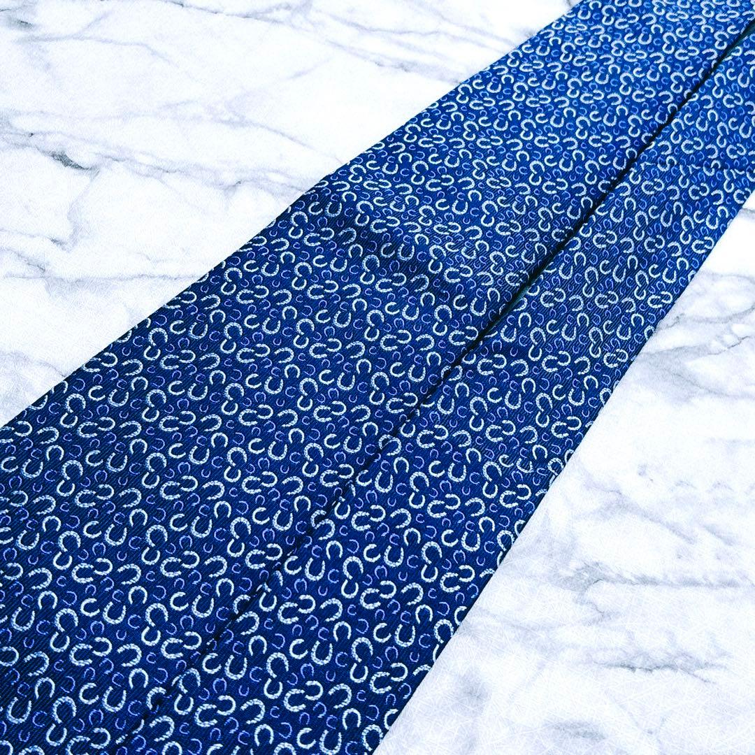 ✨極美品✨エルメス　ホースシュー　馬蹄　総柄　ブルー　ネクタイ