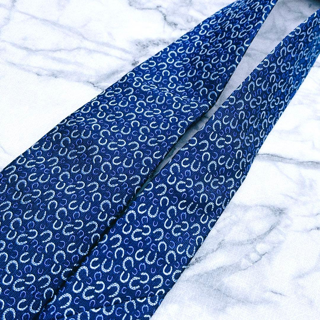 ✨極美品✨エルメス　ホースシュー　馬蹄　総柄　ブルー　ネクタイ