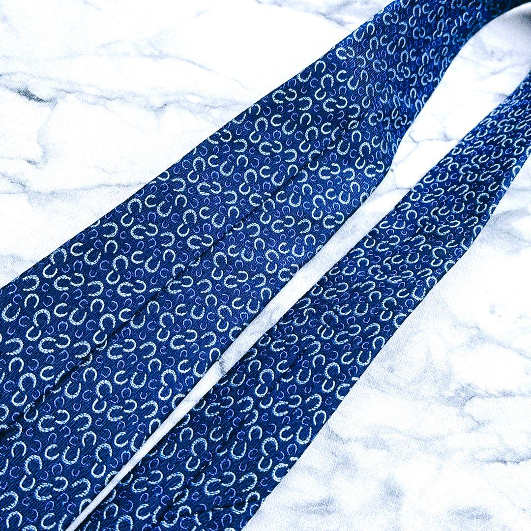 ✨極美品✨エルメス　ホースシュー　馬蹄　総柄　ブルー　ネクタイ