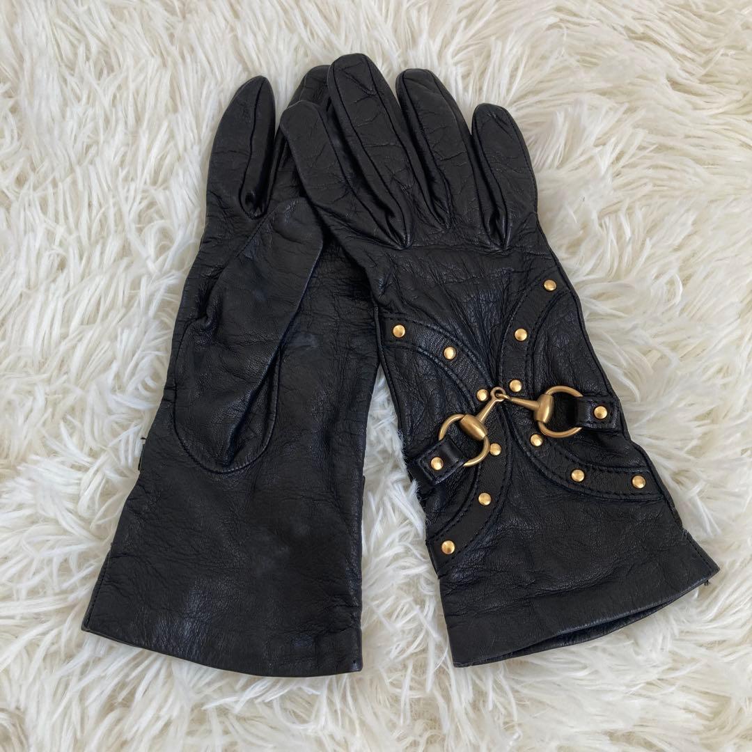 GUCCI グッチ ホースビット グローブ 手袋 レザー レディース ブラック