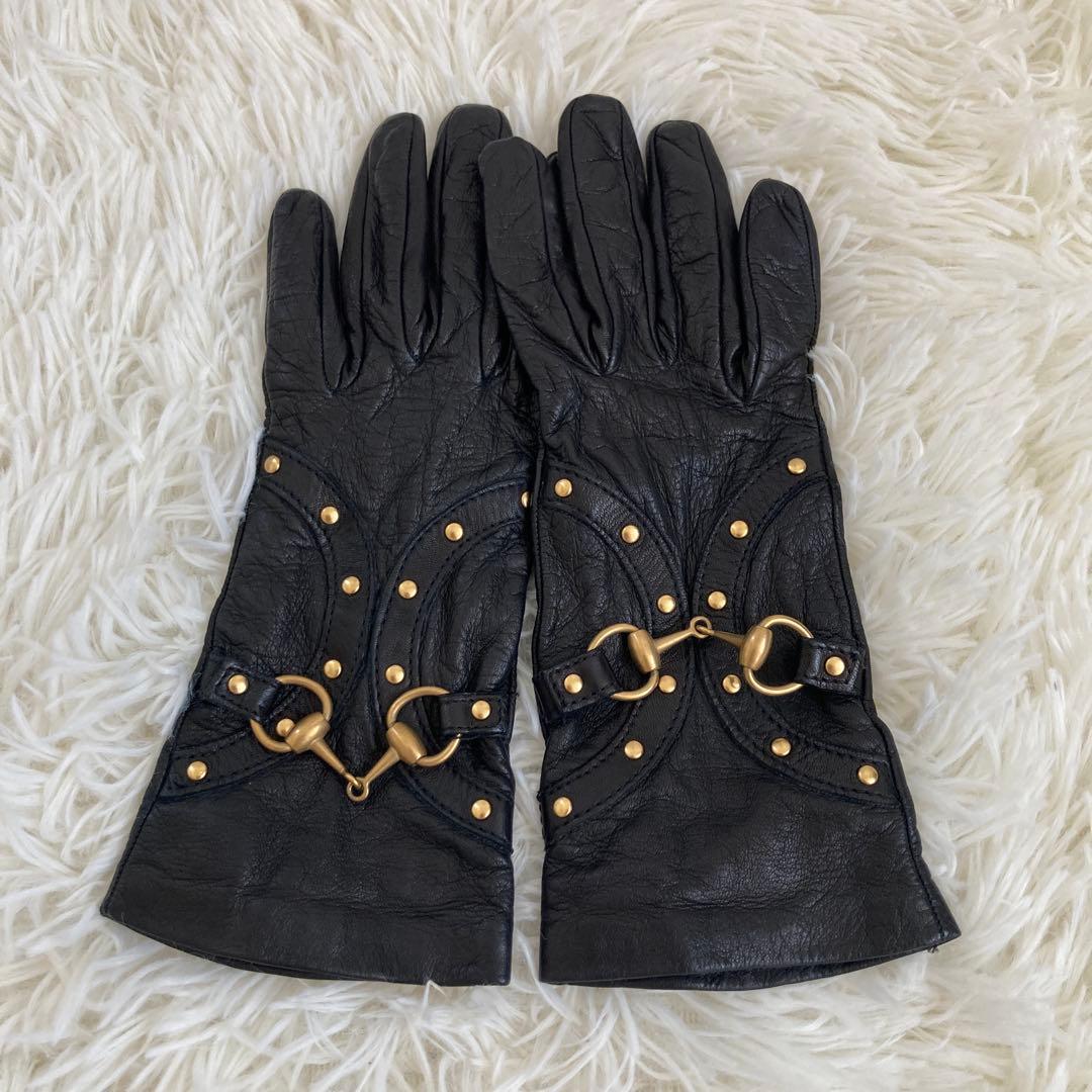 GUCCI グッチ ホースビット グローブ 手袋 レザー レディース ブラック