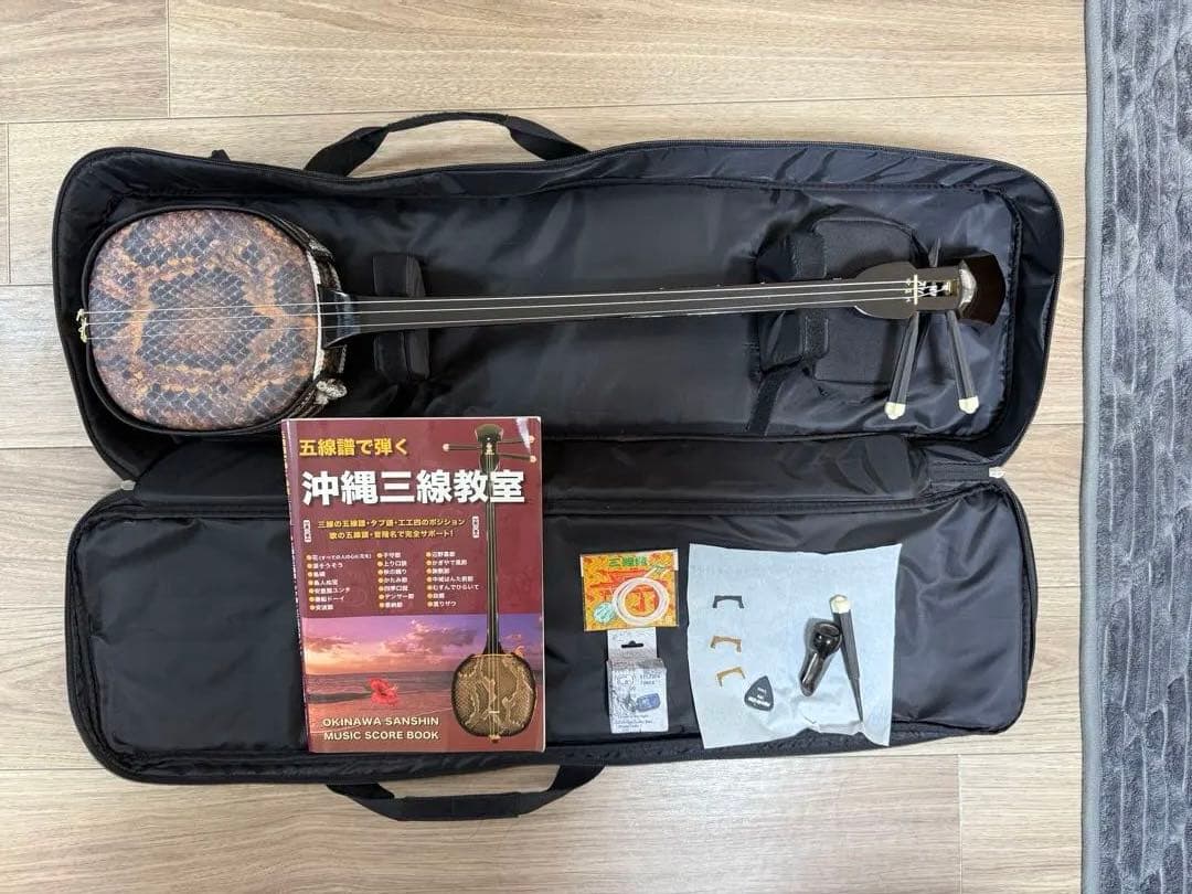 美品　沖縄三線 本革 蛇柄 強化張り 沖縄三味線 和楽器 ソフトケー