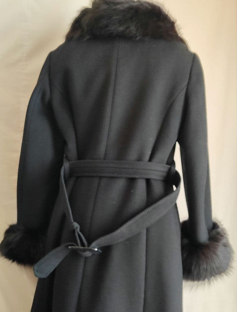 a*o様 レトロインポート ブラックロングコート 毛皮ファー ベルト付き